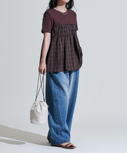 軍裝風格格紋拼接T恤