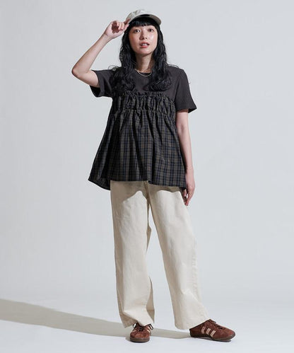 軍裝風格格紋拼接T恤