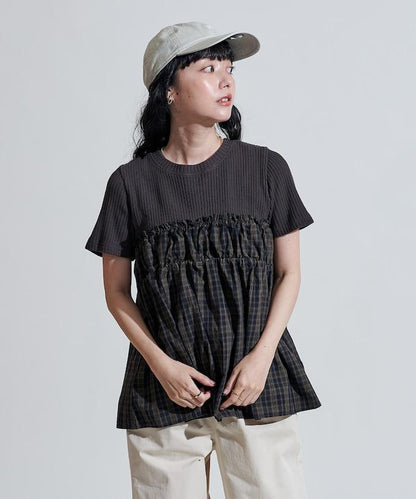 軍裝風格格紋拼接T恤