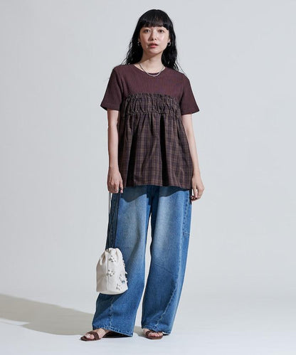 軍裝風格格紋拼接T恤