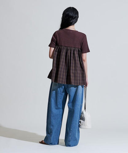 軍裝風格格紋拼接T恤