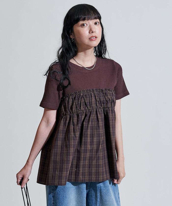 軍裝風格格紋拼接T恤