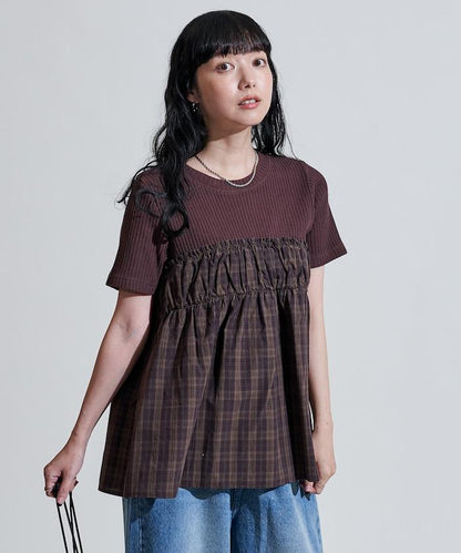 軍裝風格格紋拼接T恤