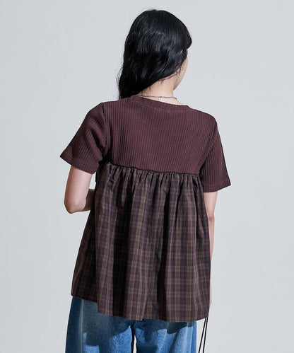 軍裝風格格紋拼接T恤