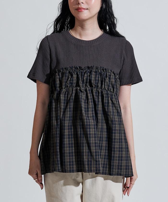 軍裝風格格紋拼接T恤