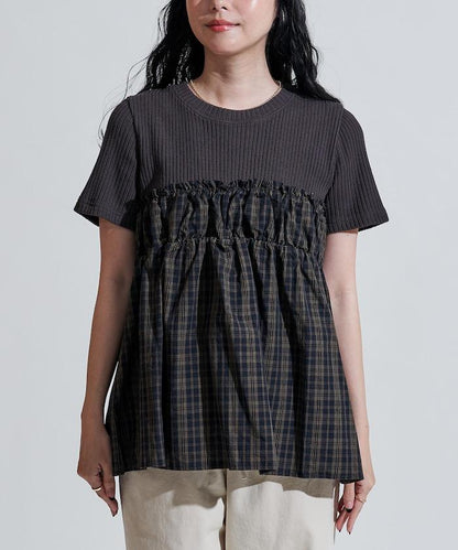 軍裝風格格紋拼接T恤