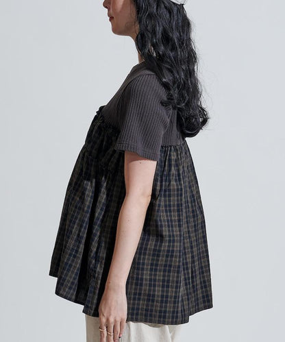 軍裝風格格紋拼接T恤