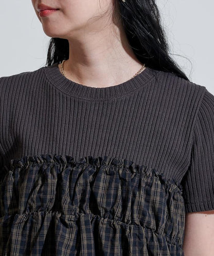 軍裝風格格紋拼接T恤