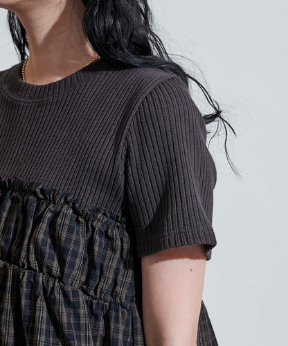 軍裝風格格紋拼接T恤