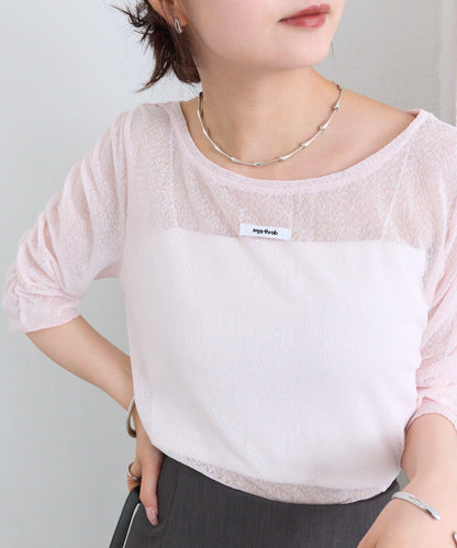 mystic 粗節透紗五分袖套頭上衣