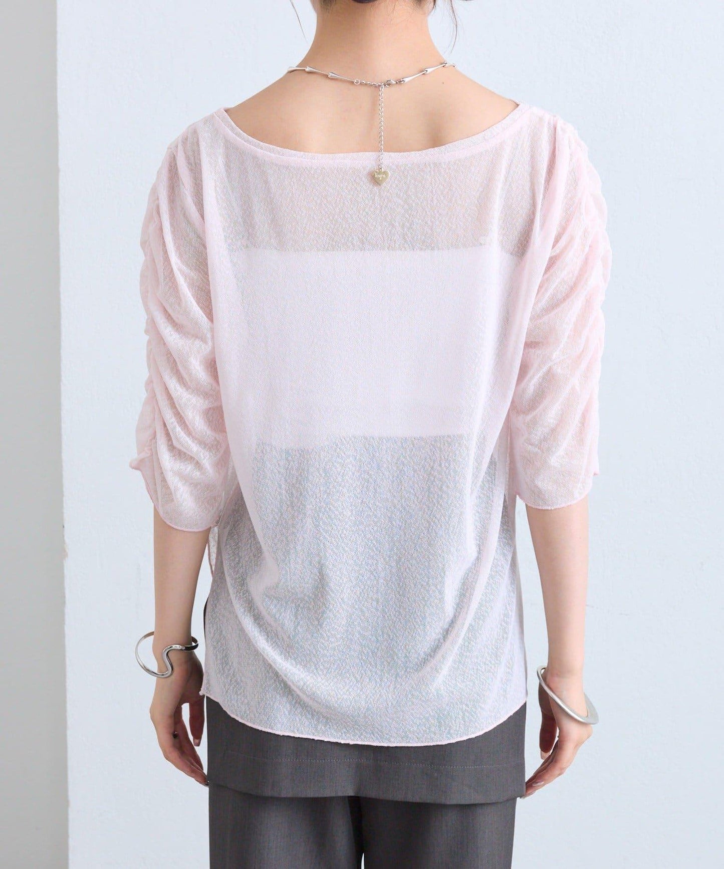 mystic 粗節透紗五分袖套頭上衣