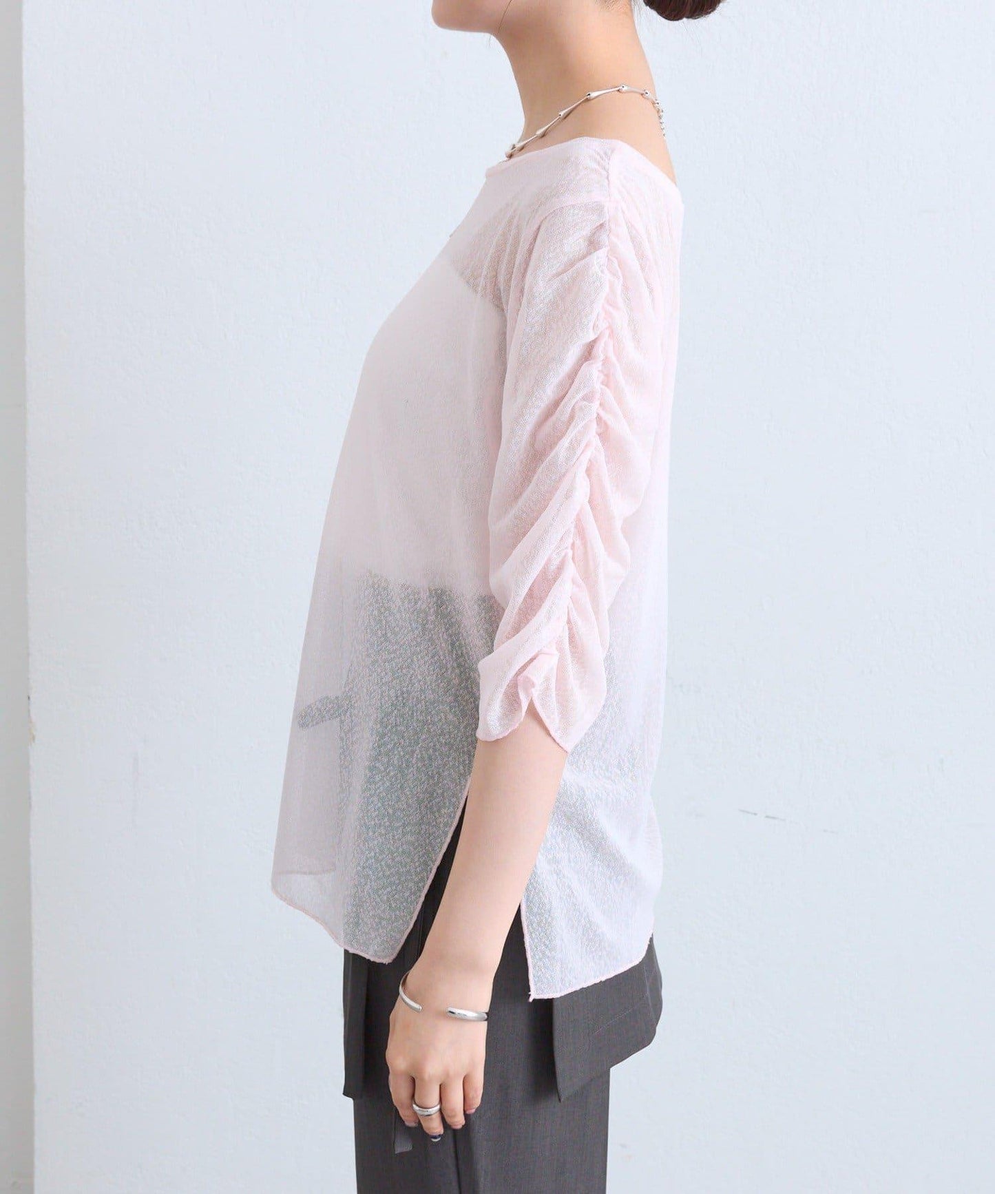 mystic 粗節透紗五分袖套頭上衣