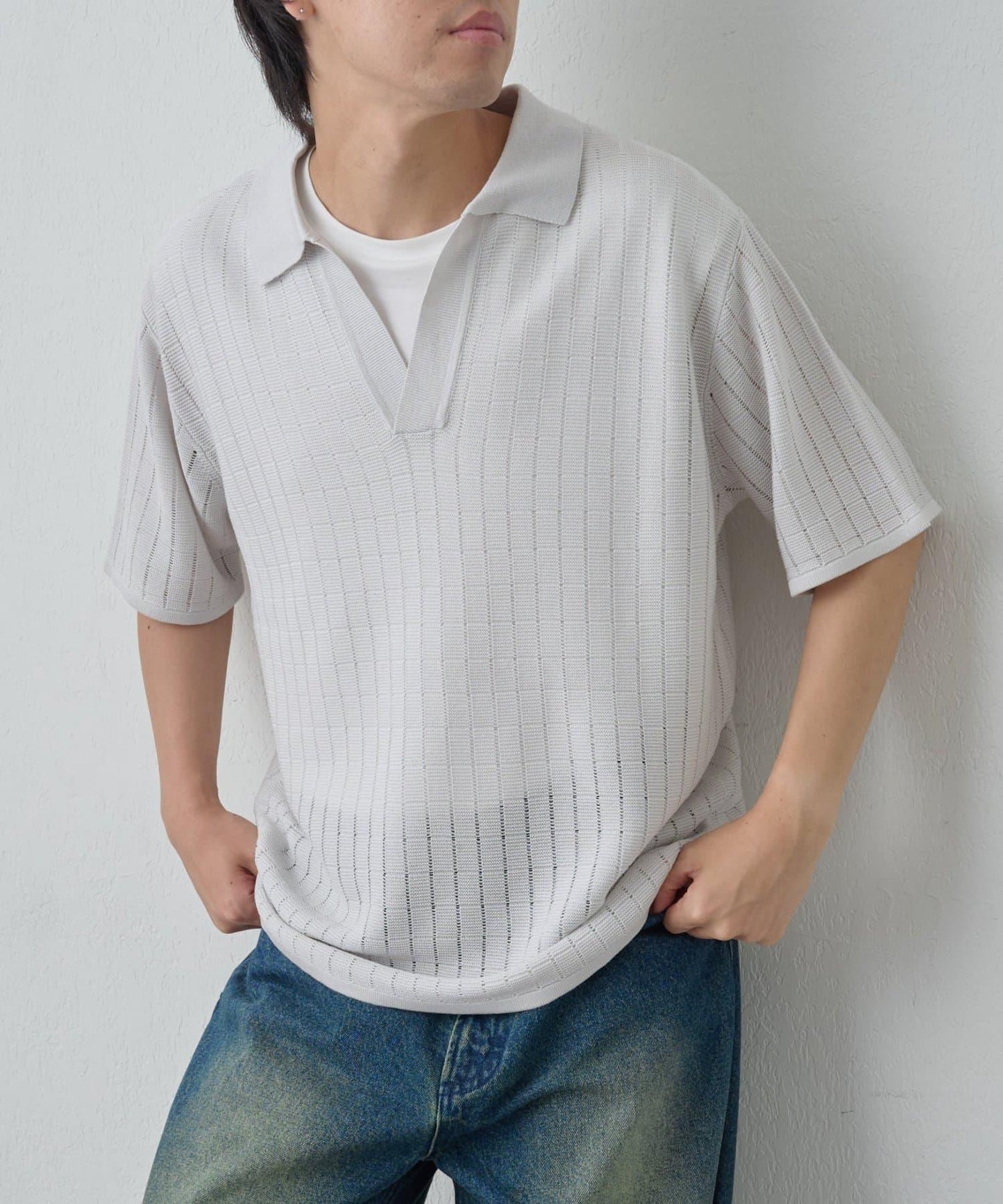 透視編織短袖領帶針織衫