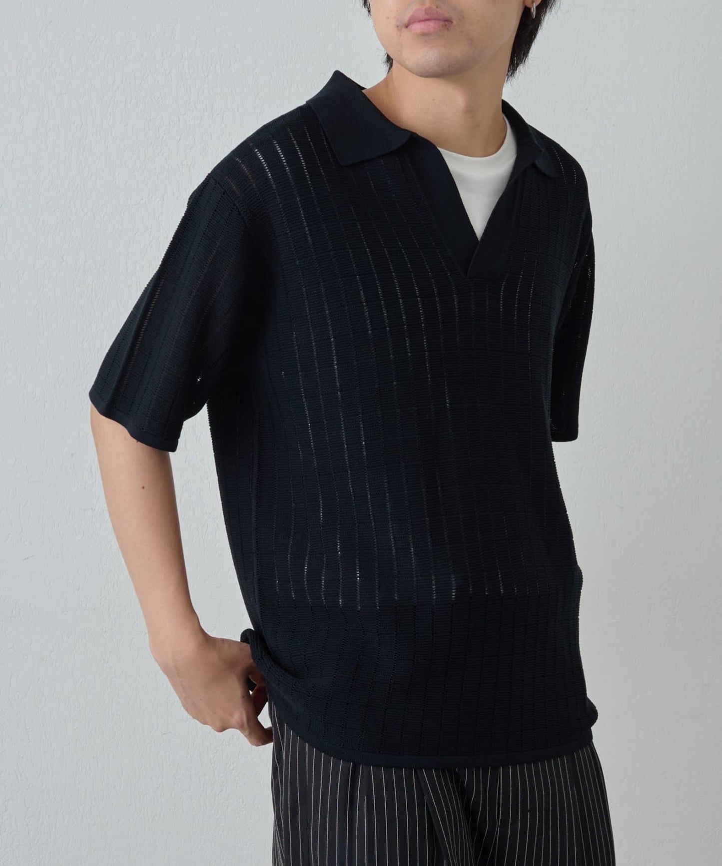 透視編織短袖領帶針織衫
