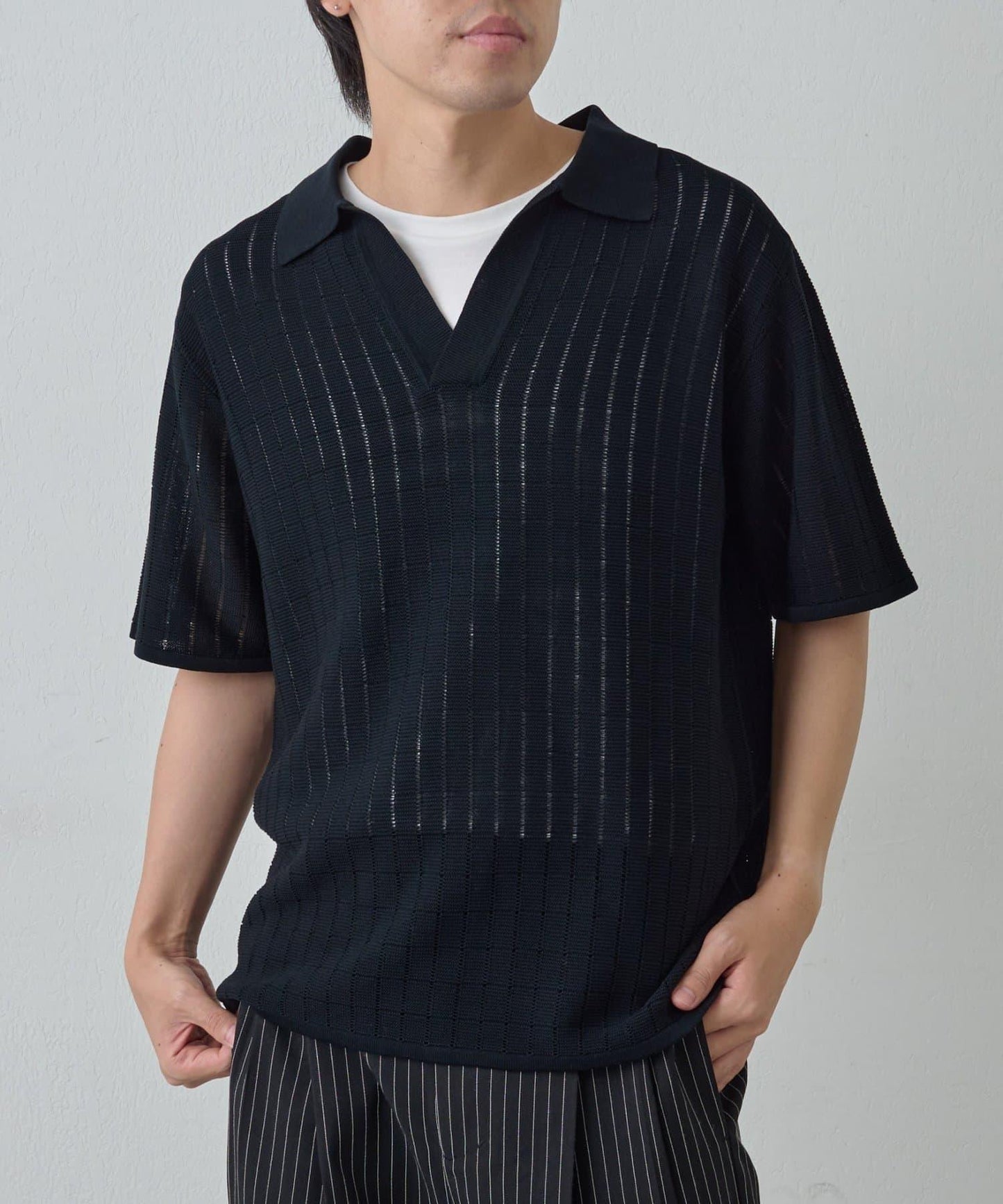 透視編織短袖領帶針織衫