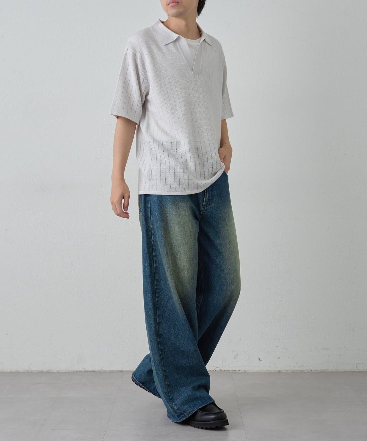 透視編織短袖領帶針織衫