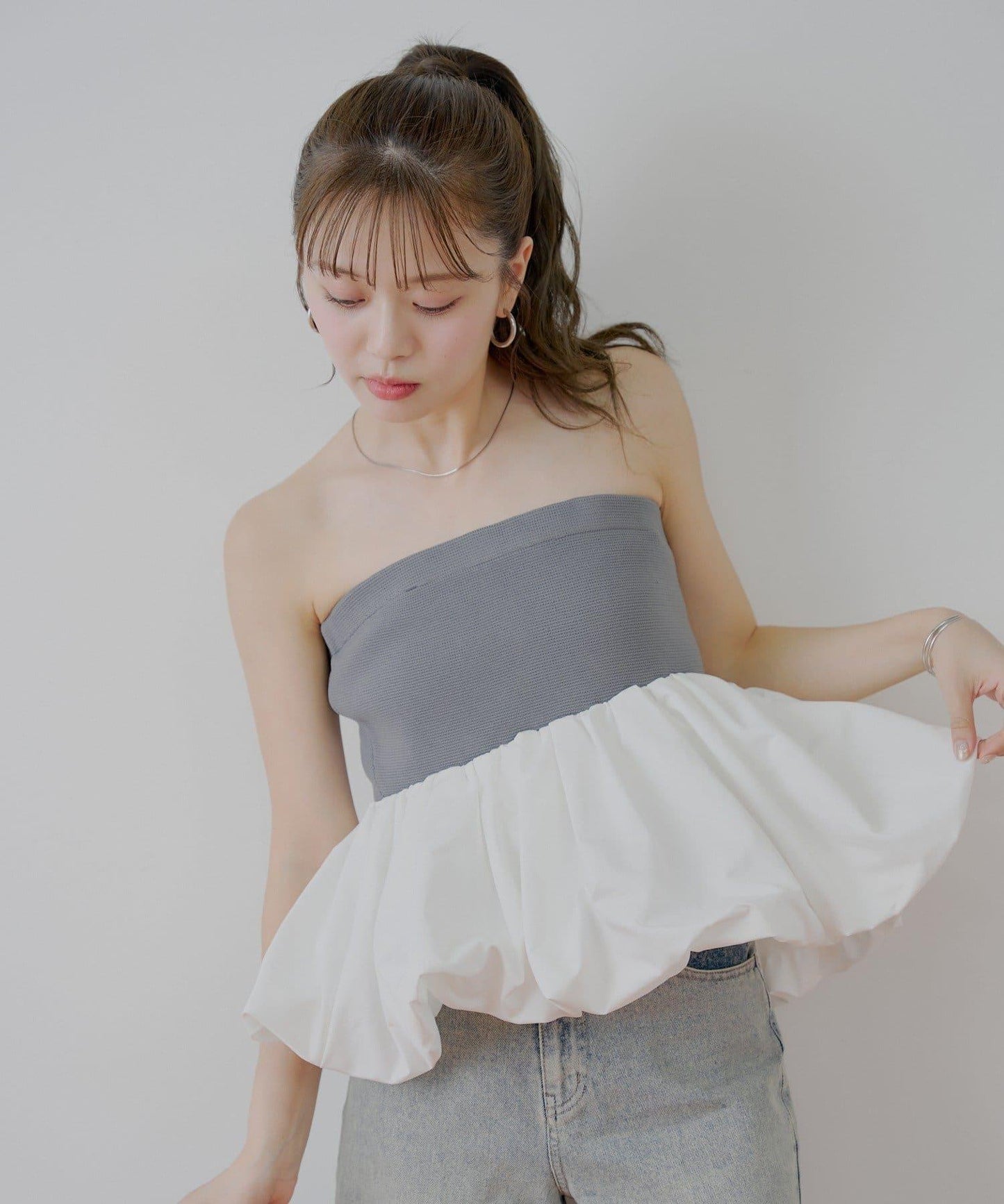 Chico 可拆卸肩帶 拼接荷葉擺 抹胸上衣