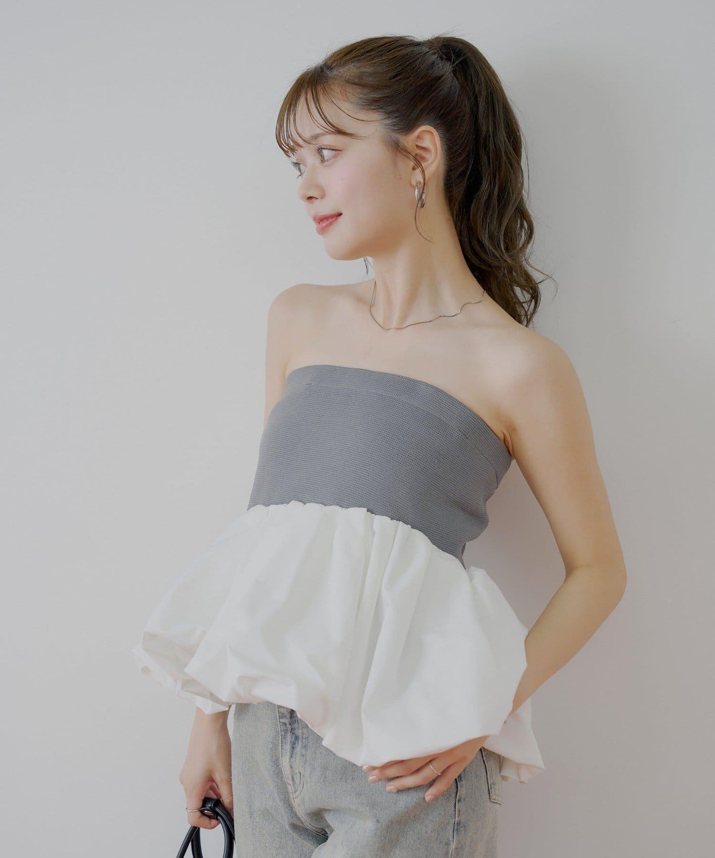 Chico 可拆卸肩帶 拼接荷葉擺 抹胸上衣