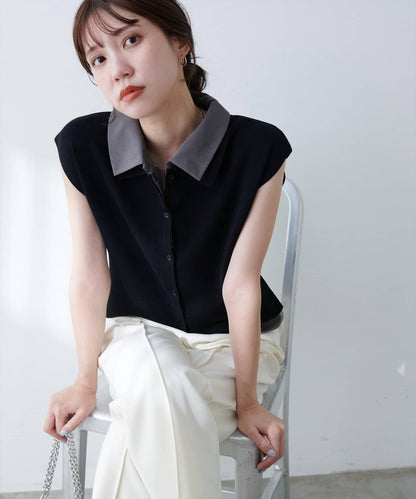 假兩件領子無袖開衫