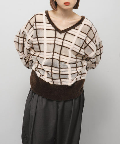 透視格紋羽毛針織衫