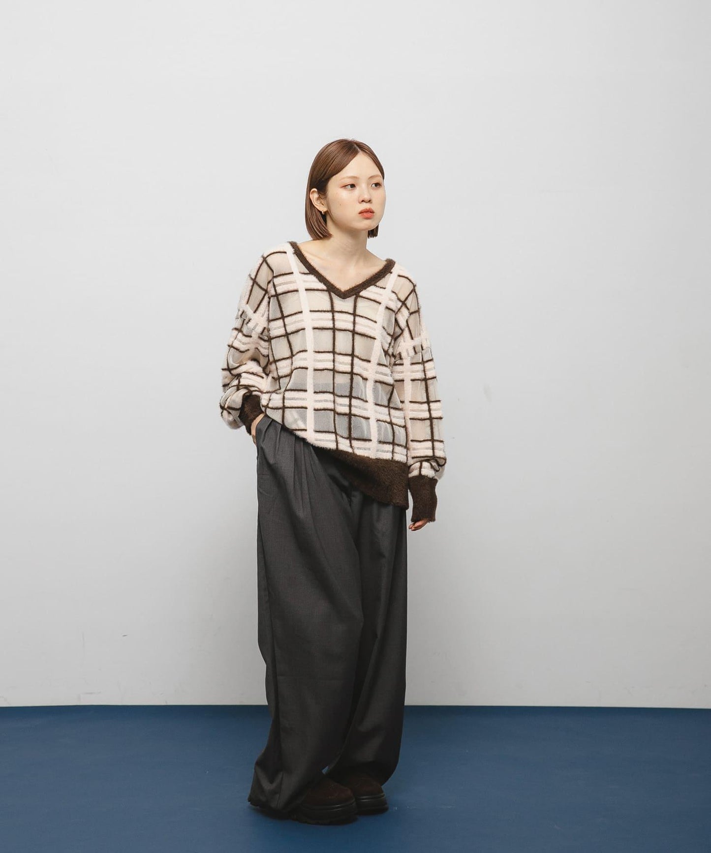 透視格紋羽毛針織衫