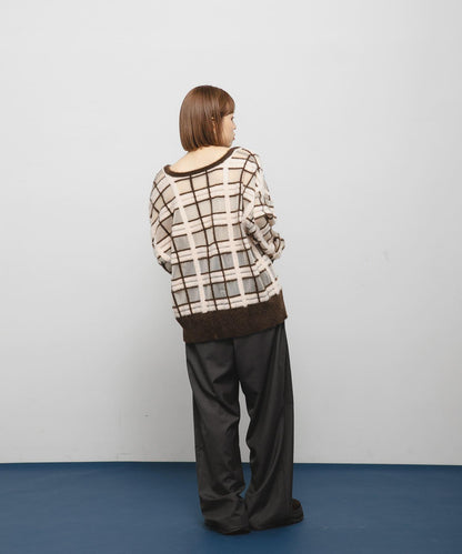 透視格紋羽毛針織衫