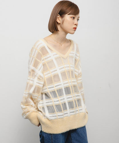 透視格紋羽毛針織衫