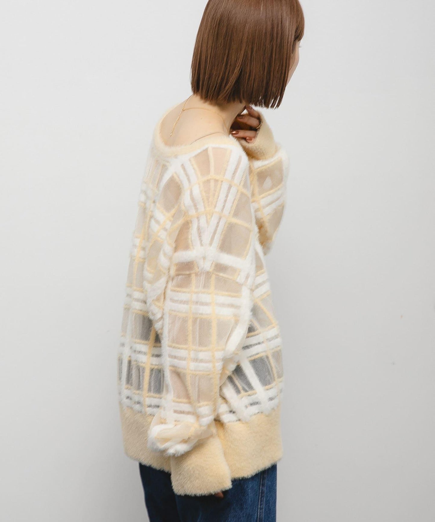 透視格紋羽毛針織衫