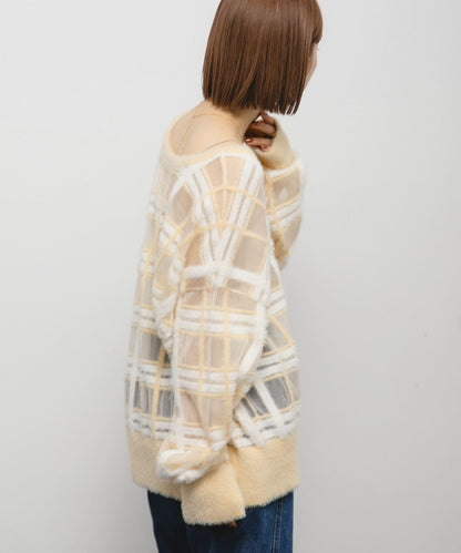 透視格紋羽毛針織衫