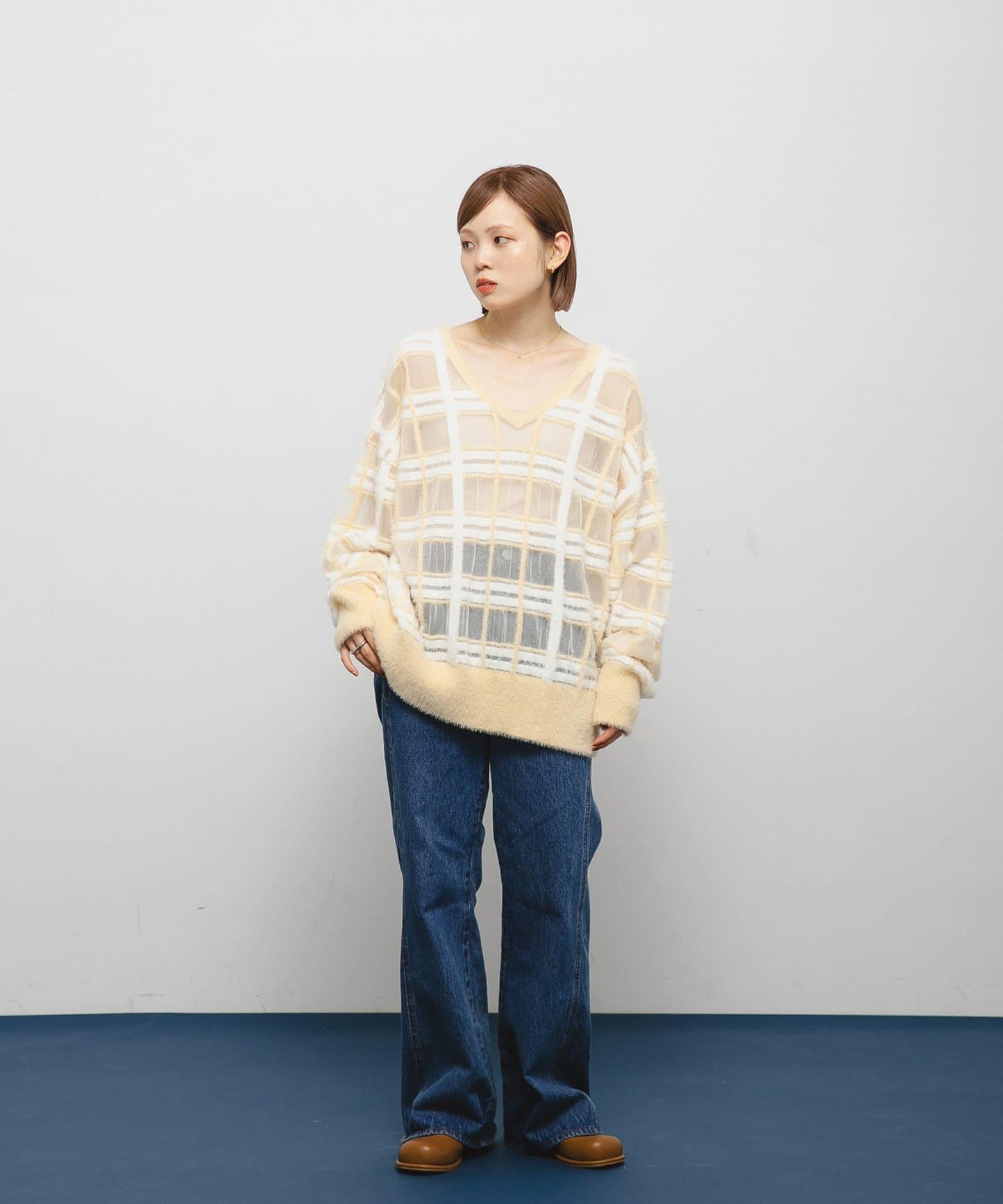 透視格紋羽毛針織衫