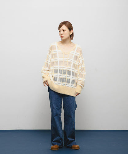 透視格紋羽毛針織衫