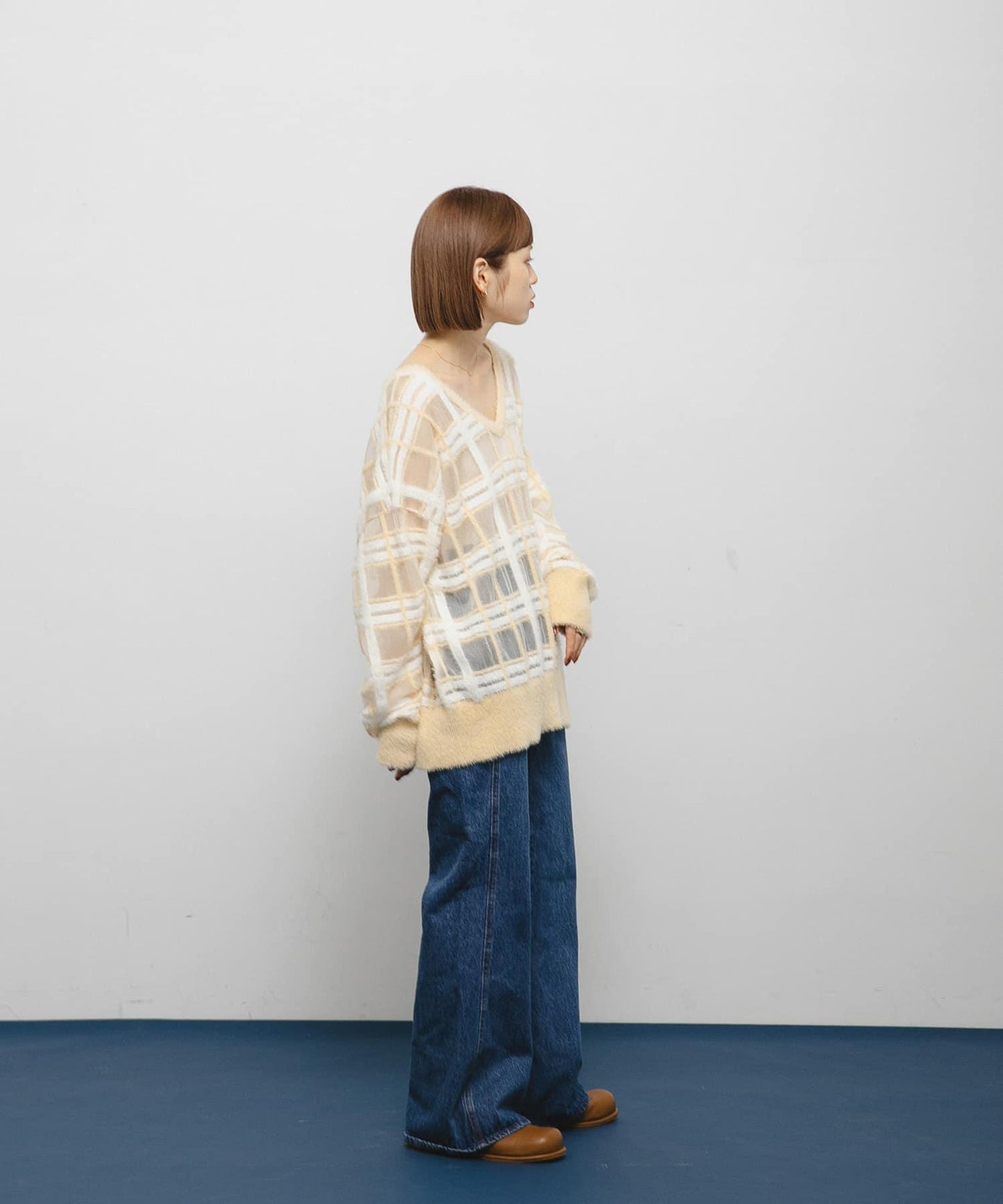 透視格紋羽毛針織衫