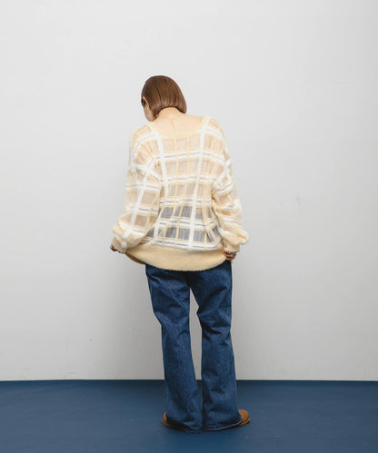 透視格紋羽毛針織衫