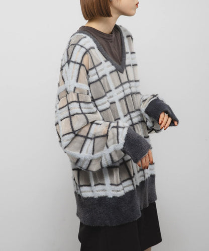 透視格紋羽毛針織衫