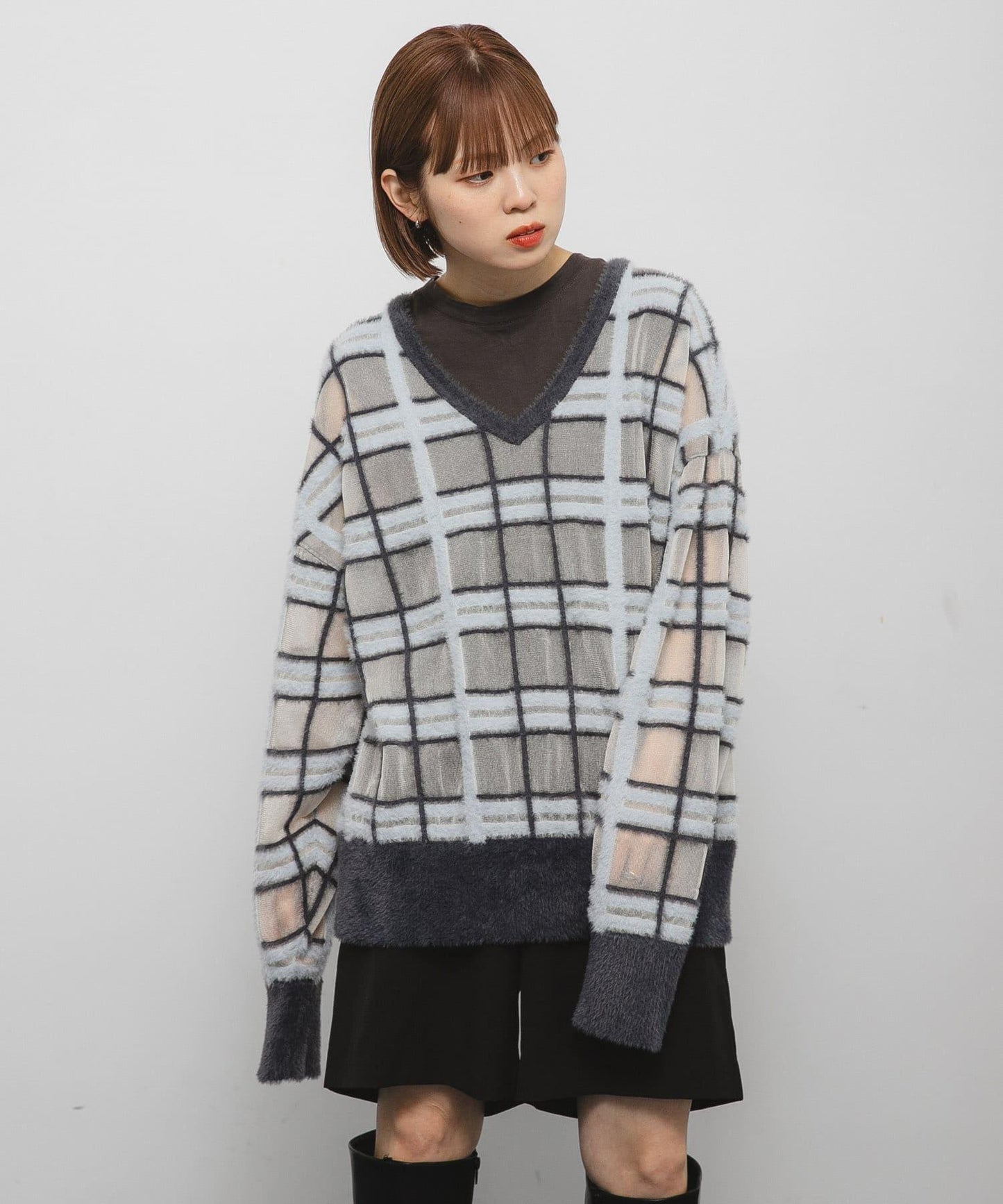 透視格紋羽毛針織衫