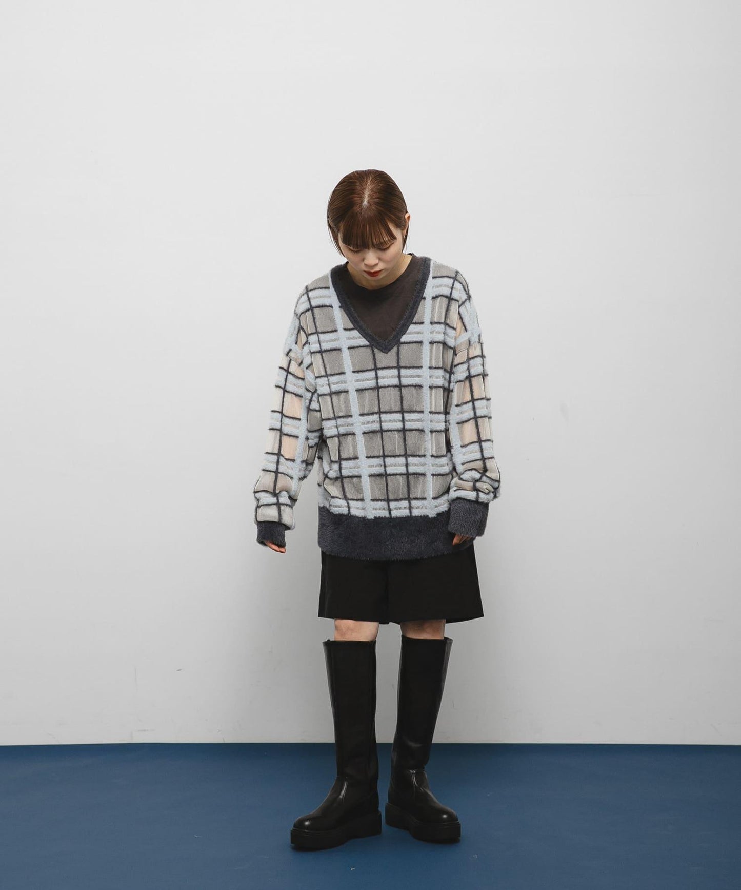 透視格紋羽毛針織衫