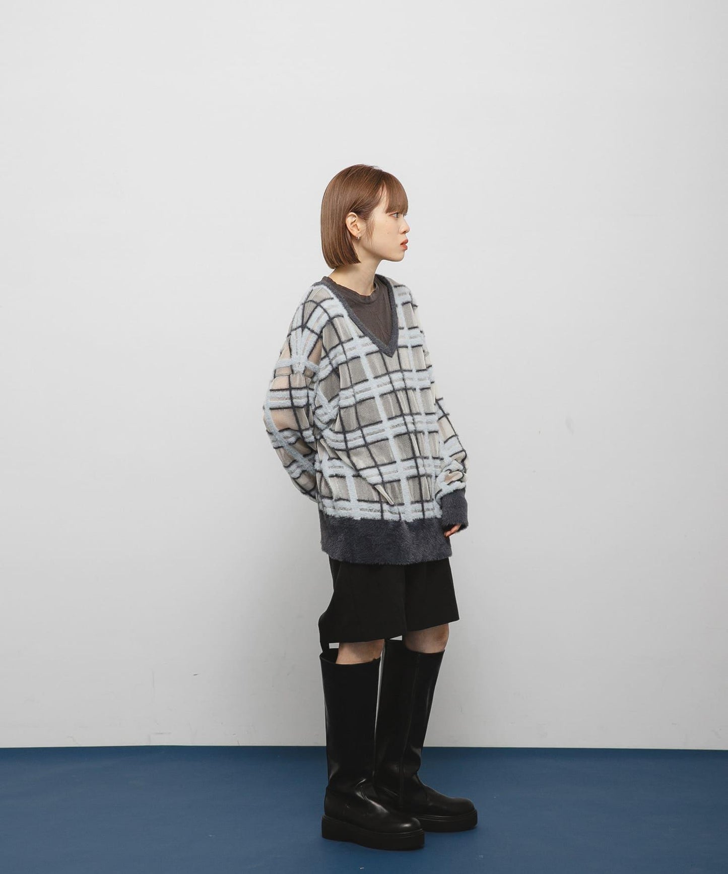 透視格紋羽毛針織衫