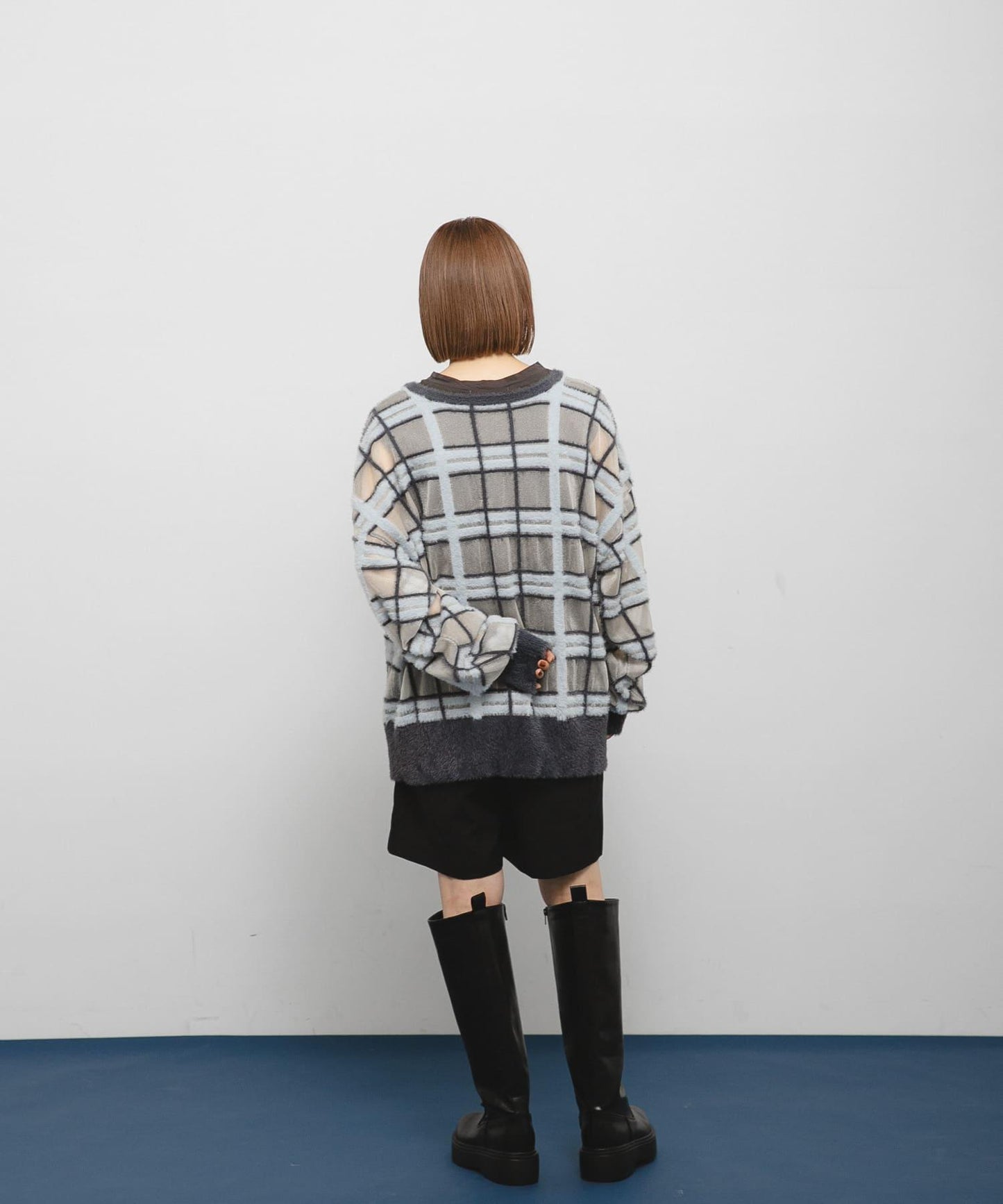 透視格紋羽毛針織衫