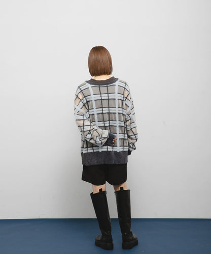 透視格紋羽毛針織衫