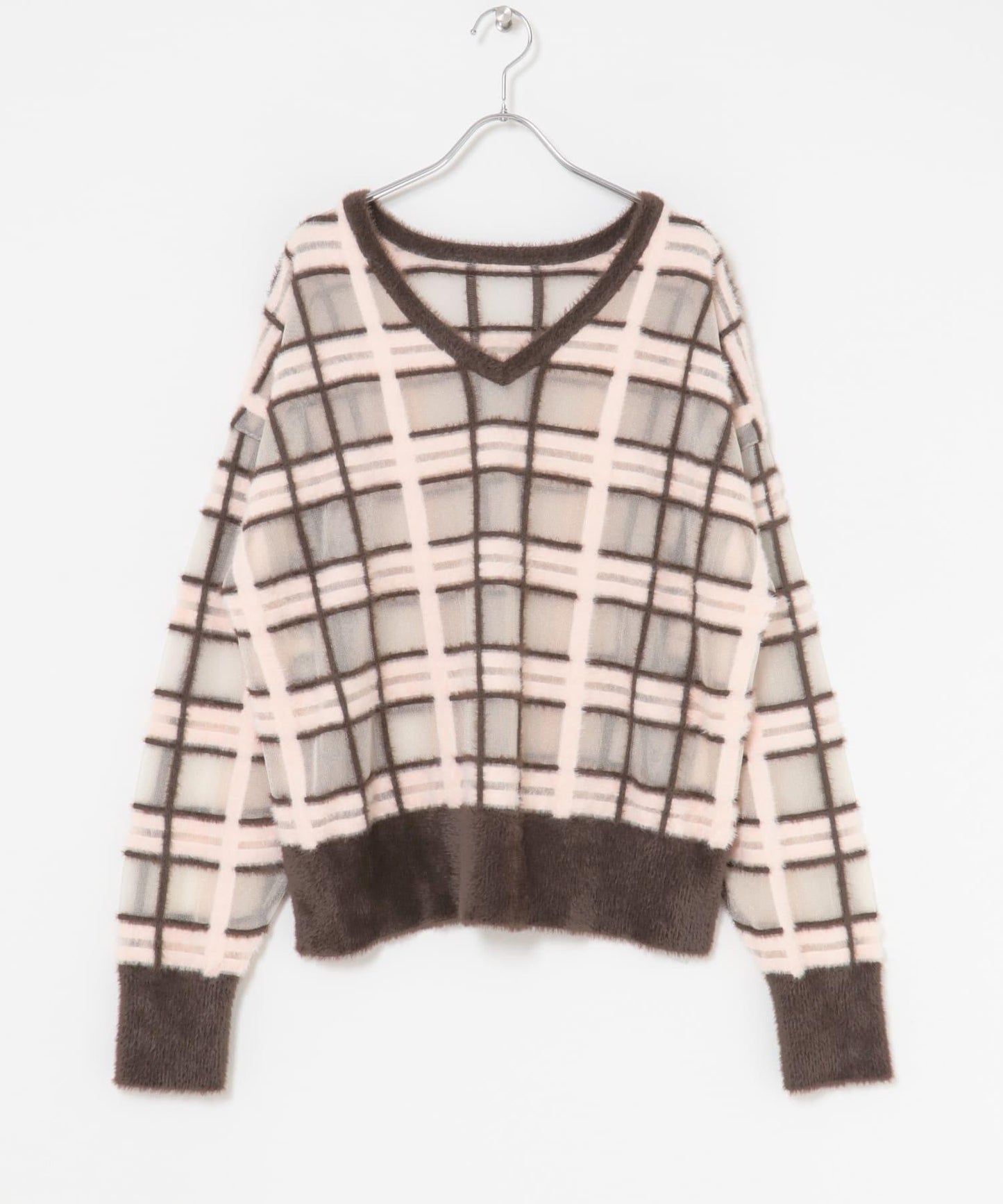 透視格紋羽毛針織衫