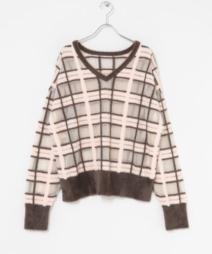 透視格紋羽毛針織衫