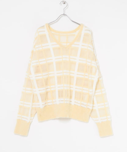 透視格紋羽毛針織衫