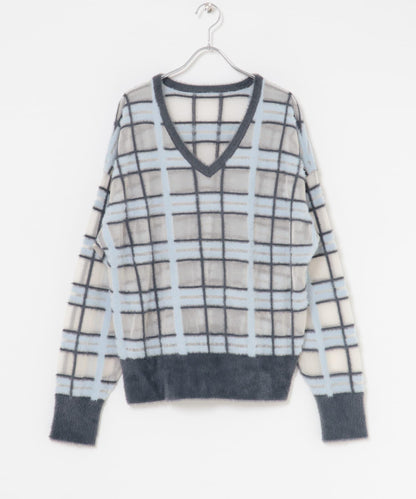 透視格紋羽毛針織衫