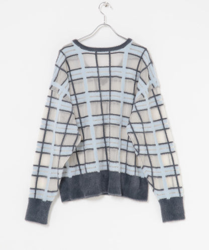 透視格紋羽毛針織衫