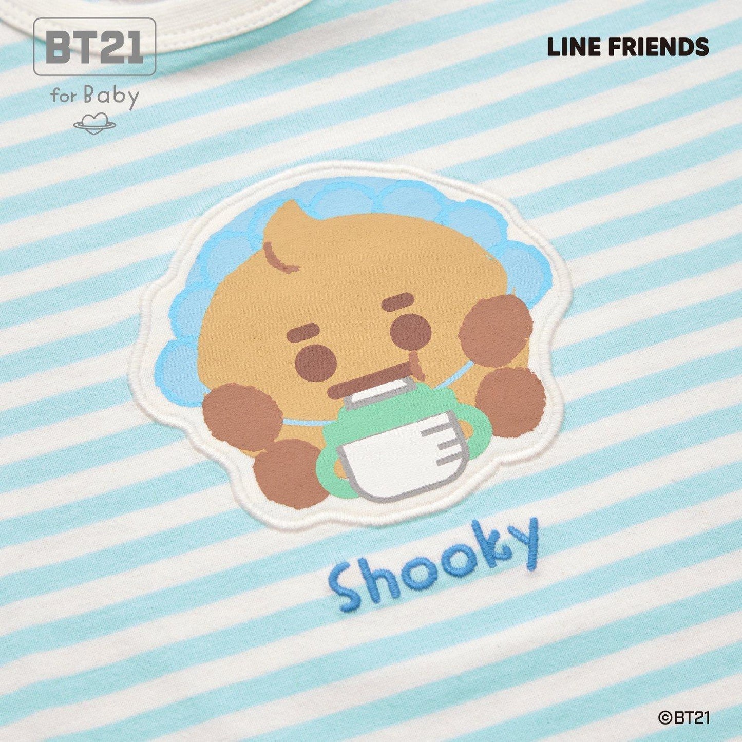 【《BT21》】貼布繡條紋短袖T恤