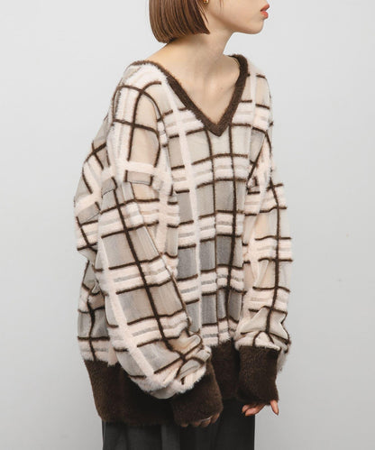 透視格紋羽毛針織衫