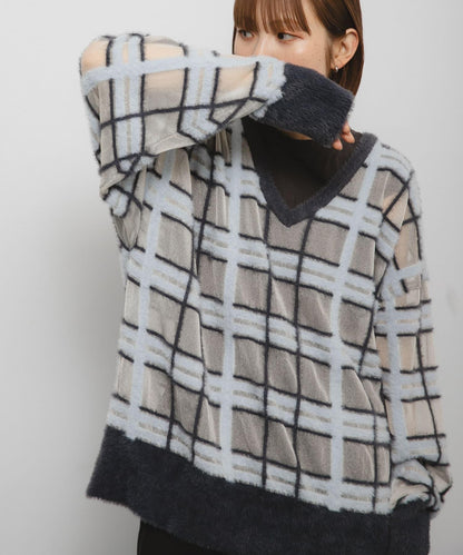 透視格紋羽毛針織衫