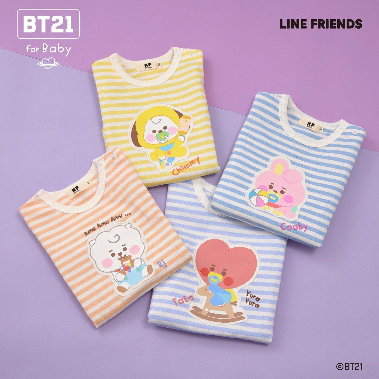 【《BT21》】貼布繡條紋短袖T恤