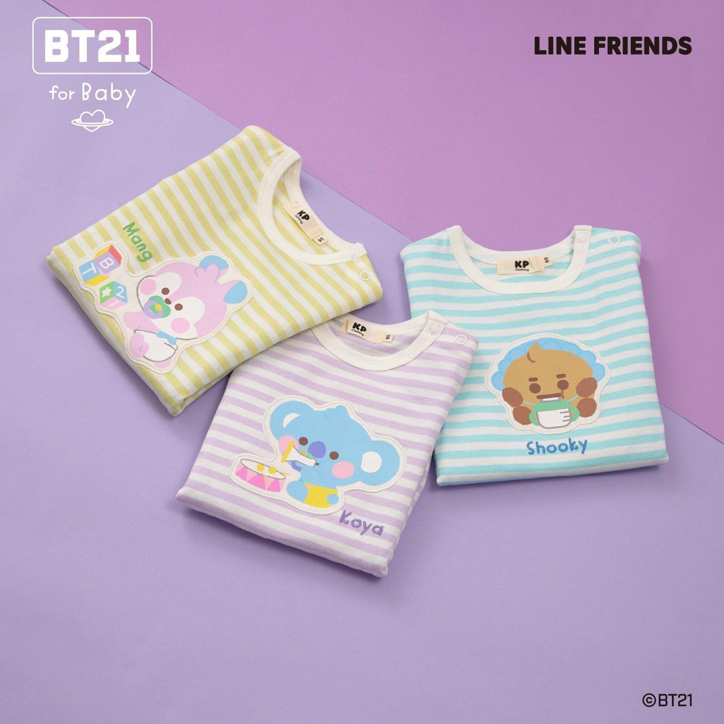 【《BT21》】貼布繡條紋短袖T恤