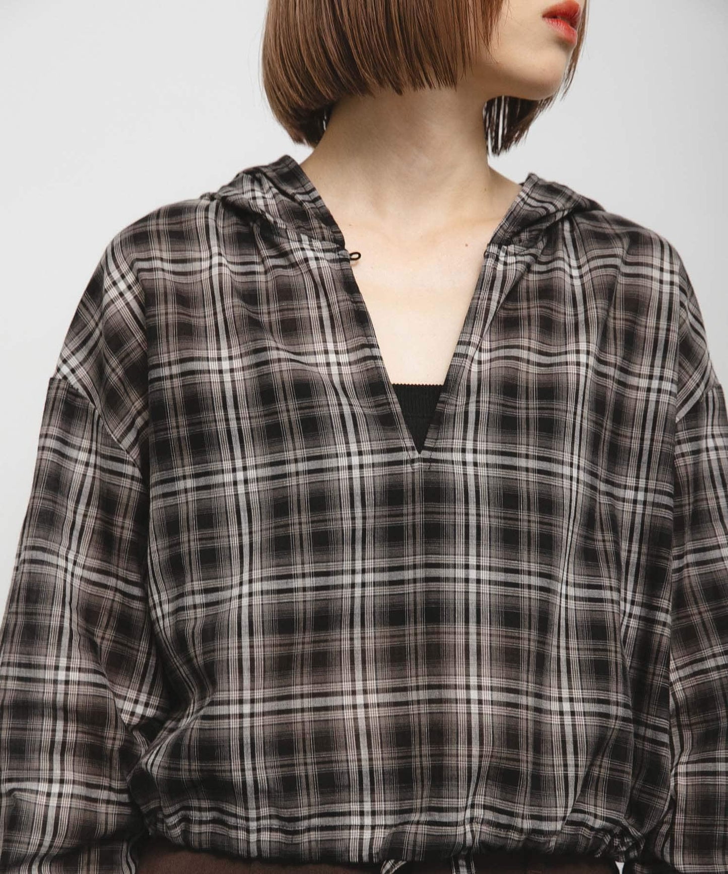 透視格紋連帽襯衫